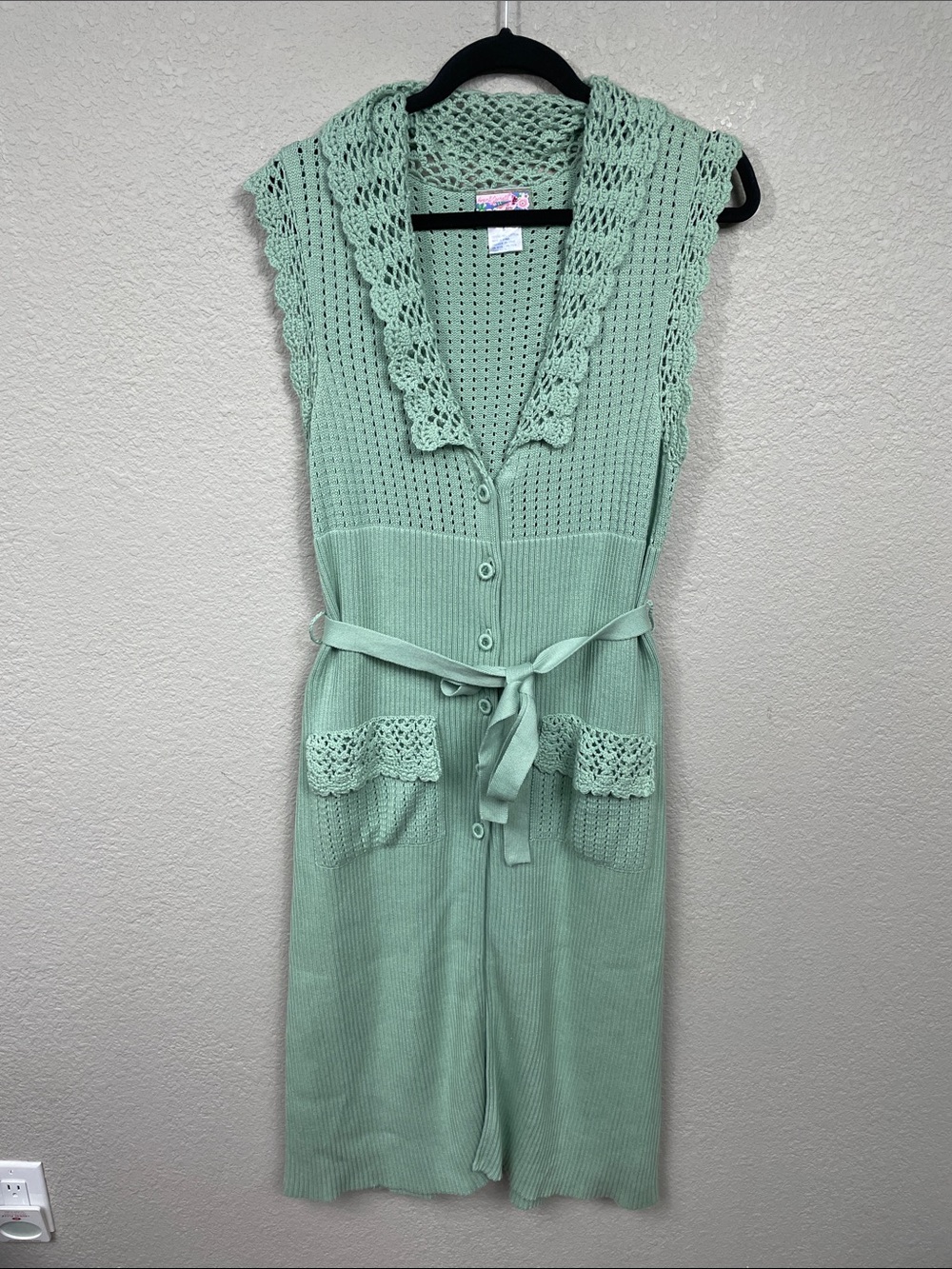 April Cornell Sweet Devine Crochet Sweater Coat Tie Waist Longline Cardigan S